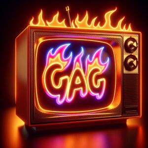 Tube TV with the word “GAG” on the screen on fire cartoon logo