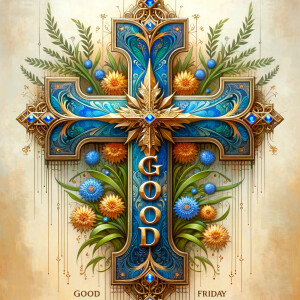 Create an image of a majestic cross, larger in size, with a harm...