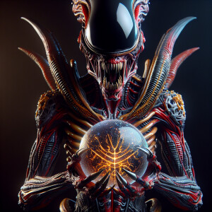 A red, black and gold alien with tattoos all over body . Had cry...