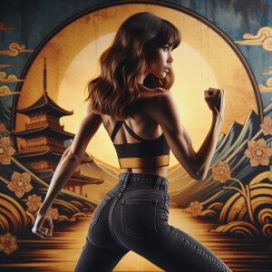 Athletic Thin skinny Attractive, Asian teenage girl, long brown hair and bangs, wearing tight skinny jeans and a halter top paint marks on her clothing, heroic pose Asian graffiti background, backside view