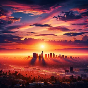 A panoramic view of Los Angeles during sunset, showcasing the ci...