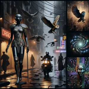 In a twilit, decrepit cityscape, an urban Athena strides forward...
