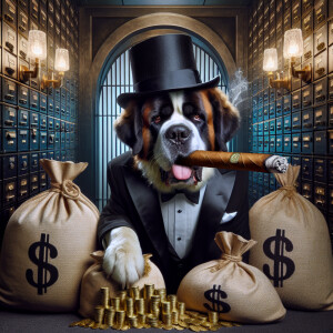 create a realistic photo of a St. Bernard wearing a black tuxedo...