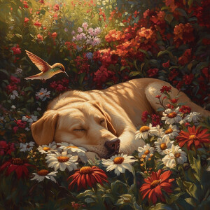 Create an image of a tranquil garden on a sunny summer day, wher...