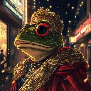 Pepe the Frog dressed as an ancient Roman emperor, wearing a gol...