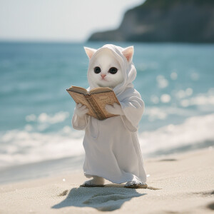 A white kitten with black eyes wearing a white robe wearing sand...