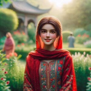 a beautiful pakistani young girl wearing red clothes showing nav...