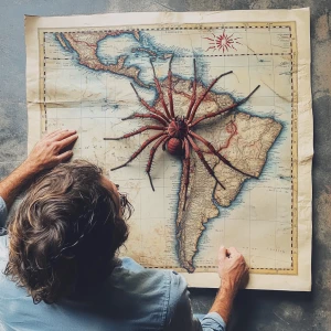 A good-looking sound arachnologist looking at a map of South Ame...