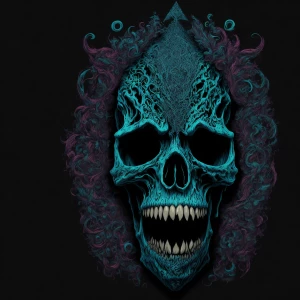 Create a gothic-psychedelic art piece featuring a prominent skul...