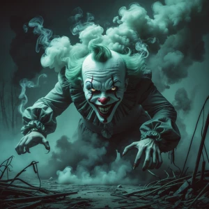 "Illustrate an eerie, sinister clown emerging from a swirling mass of toxic fumes. The clown's form is barely solid, its features constantly shifting and reforming within the dense, suffocating smoke. Its face, distorted and grotesque, peers out from the fumes with hollow, empty eyes that glimmer with malevolent intent. The mouth, filled with jagged, smoke-formed teeth, stretches into a macabre grin that seems to float and twist in the toxic haze.

The rest of the clown's body is an ethereal blend of noxious gases, with appendages elongating and curling like tendrils of poisonous vapor. Around it, the environment is bleak and barren, with twisted remnants of dead vegetation and decrepit, rusted carnival props half-buried in the ground. The air is thick and acrid, giving off an unsettling, chemical glow that casts eerie shadows.

Stray tendrils of fume slither across the ground, reaching out like ghostly fingers toward any living thing that comes near. The overall color palette should be muted and dark, with sickly greens, purples, and blacks dominating the scene, to enhance the toxic and foreboding atmosphere. 

This visual blend of smoke and sinister clown should elicit a sense of dread and unease, making it both fascinating and horrifying."