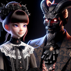 A girl named lilith with elegant gothic lolita dress sit beside Handsome Lucifer with Black Horn, Msyterious Aura of Black and red, Lilith and Lucifer evil smirks, glowing eyes, 3D Humanlike, High Res