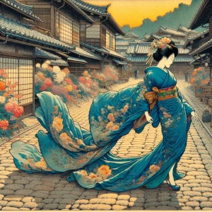 A young woman wearing a finely detailed blue dress, walking along a cobblestone path in a quiet village. Her dress flows gracefully as she moves, and the scene is illuminated by the golden hues of a setting sun, casting long shadows across the quaint, flower-filled square