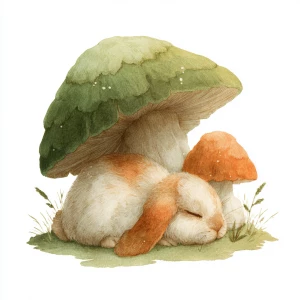 Chubby rabbit napping under tall mushroom, whimsical style, past...