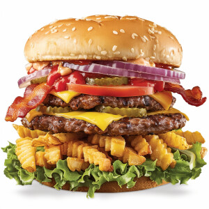 Create an image of a double cheeseburger topped with crispy baco...