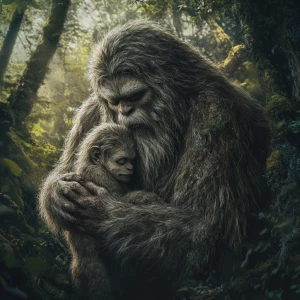 So a humanoid looking hair covered sasquatch holding a baby sasq...