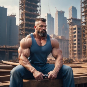 The image depicts a muscular bodybuilder man sitting on a constr...