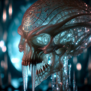A translucent alien skull made of shimmering crystals, adorned w...