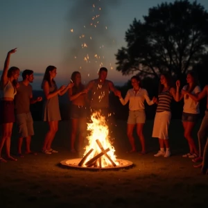 A group of people celebrating at an outdoor farm party, dancing...