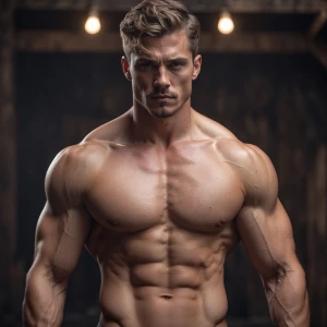 Craft a full frontal description of a male figure with a focus o...