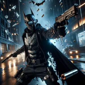 The Batman in Urbanpunk style, action pose with guns, dramatic l...