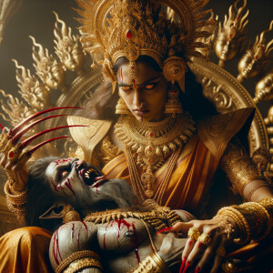 portrait of angry looking indian goddess sitting on a gold crown and carrying a weak mahishasur on her lap and poking him with her amazingly long red fingernails. She is wearing gold armor, a huge gold crown, gold saree, abundant  gold jewelry, covered in blood. The scene is set in ancient India. The image is 8K resolution, cinematic, photography, ultra detailed face and epic.