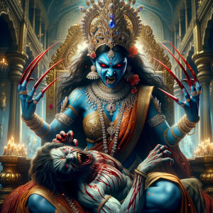 portrait of extremly angry looking goddess kali, blue skinned, s...