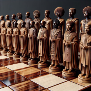 Create a 3-D realistic chessboard with human pieces the human pi...