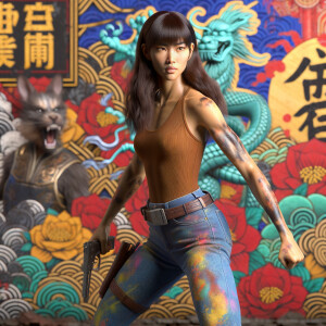 Athletic Thin skinny Attractive, Asian teenage girl, long brown hair and bangs, wearing tight skinny jeans and a halter top paint marks on her clothing, heroic pose Asian graffiti background, backside view