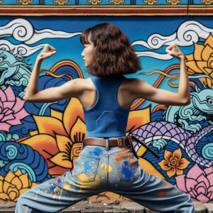 Attractive, Asian teenage girl, long brown hair and bangs, wearing tight skinny jeans and a halter top paint marks on her clothing, backside view heroic pose Asian graffiti