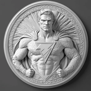 a grayscale bas relief of shazam, on a round coin emblem with th...