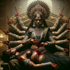 portrait of angry looking, four-armed indian goddess sitting on...
