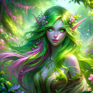 A beautiful female Eladrin with soft, pale green skin and vibran...