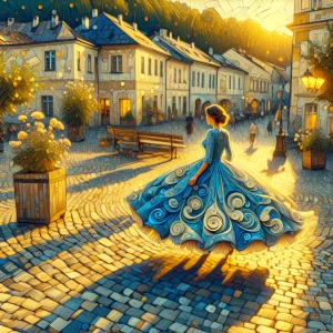 A young woman wearing a finely detailed blue dress, walking along a cobblestone path in a quiet village. Her dress flows gracefully as she moves, and the scene is illuminated by the golden hues of a setting sun, casting long shadows across the quaint, flower-filled square