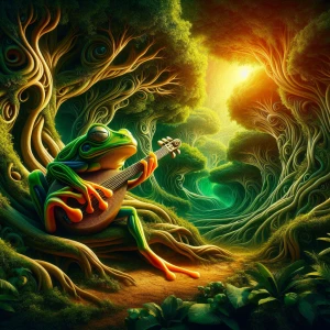 Create an image of an abstract, illusion-style frog jamming out...