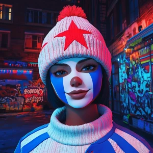 Create an image of a cartoon character with their face painted i...