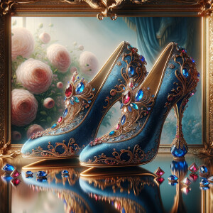 Imagine a pair of enchanting shoes, each a mirror image of the other, placed gracefully upon a regal surface. They are bathed in the soft, diffuse light that casts gentle reflections upon their silk fabric. These shoes are no ordinary footwear; they are a masterpiece of vibrant royal blue, adorned with ornate golden filigree and a multitude of glittering jewels in various hues—rubies, sapphires, emeralds, and delicate pink diamonds. Each shoe boasts an elegant, curved heel in a matching vivid blue, with tiny red and blue gems accenting the base. The shoes are positioned against a backdrop of soft-focus flowers, their pastel colors complementing the rich tones of the shoes, with hints of gold framing providing a touch of opulence. This image captures the essence of a fairy tale brought to life, a visual symphony of color and splendor.