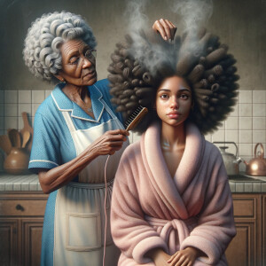 Create a realistic 3-D image of an african-American grandmother wearing a blue house dress and a white apron . She is in the kitchen with her african-American granddaughter. Her granddaughter is wearing a pink bath robe. The grandmother has a hot comb in her hand and she is straightening her granddaughters hair. One side of her granddaughters hair is in  a Afro the other straight 
There is smoke coming from the hot comb
The granddaughter is making a face