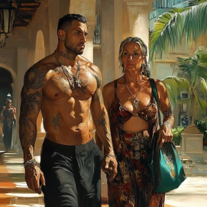(realism art),a man( criminal muscular beefy sweaty tattoed pier...
