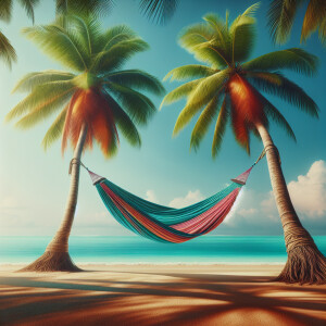 A tranquil beach scene with a hammock between palm trees