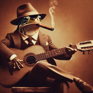 Create an image of an anthropomorphic toad wearing a vintage suit and a fedora, seated on a wooden stool. It has a cigar in its mouth and is playing an acoustic guitar.