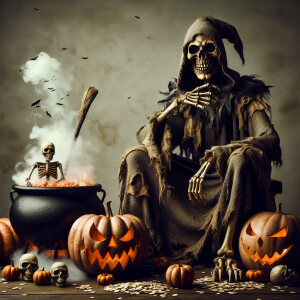 The image features a disney-esque character with a skull-like fa...