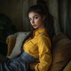 Capture the elegance of a fair-skinned woman with dark long hair...