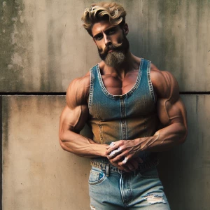 A muscular, confident blonde-bearded bodybuilder stands assertiv...