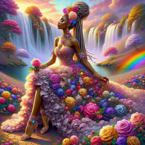 Remix Prompt
S/O Jackie Torres
S/O Panda Locke

create a animated style hyper realistic airbrush whimsical oil painting of a light African American woman wearing a flawless beautiful purple, pink, and gold blossom dress long flowing with colorful flowers and ruffles on the dress colorful jewelry made of flowers she has long black dreadlocks in a bun a colorful rose in her hair her peep toe shoes is matching her dress behind her is a beautiful waterfall liquid glowing lights beautiful colorful rainbow surrounded by beautiful roses.