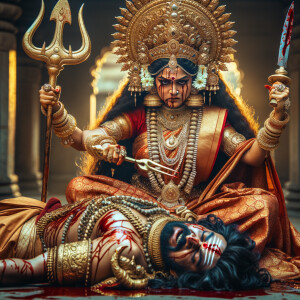 portrait of angry looking, indian goddess cosplayer straddling a...