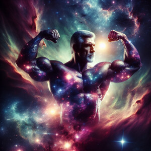 Un hombre adulto enmedio de una atmósfera interestelar haciendo...