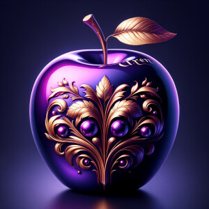 Envision a lustrous, oversized apple with a surface that gleams in a radiant shade of purple, as if lacquered to a high shine, reflecting light from its smooth, curvaceous form. The apple is adorned with elegant gold leaf patterns that swirl luxuriously around its contour, bringing a baroque opulence to its appearance. The stem, a bronzed sculpture in itself, supports a single leaf that seems to glow with an inner luminescence. At the apple’s base, a collection of flowers blooms, their petals softening the scene with organic shapes and colors that harmonize with the vibrant purple and gold. Incorporated into the metallic filigree in an artful script is the name "Karen," as if the apple were personally inscribed, enhancing the custom and bespoke quality of the piece.