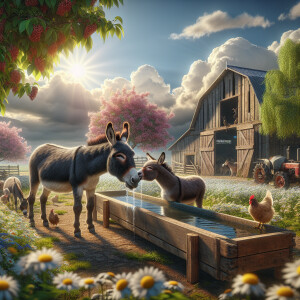 Two donkeys in a field of wildflower enjoying a sunny day.  Behi...