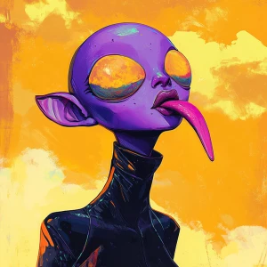 Create an image of a female alien with an art style reminiscent...