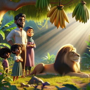 A family in the jungle watches as a lion rests under a tree, rip...